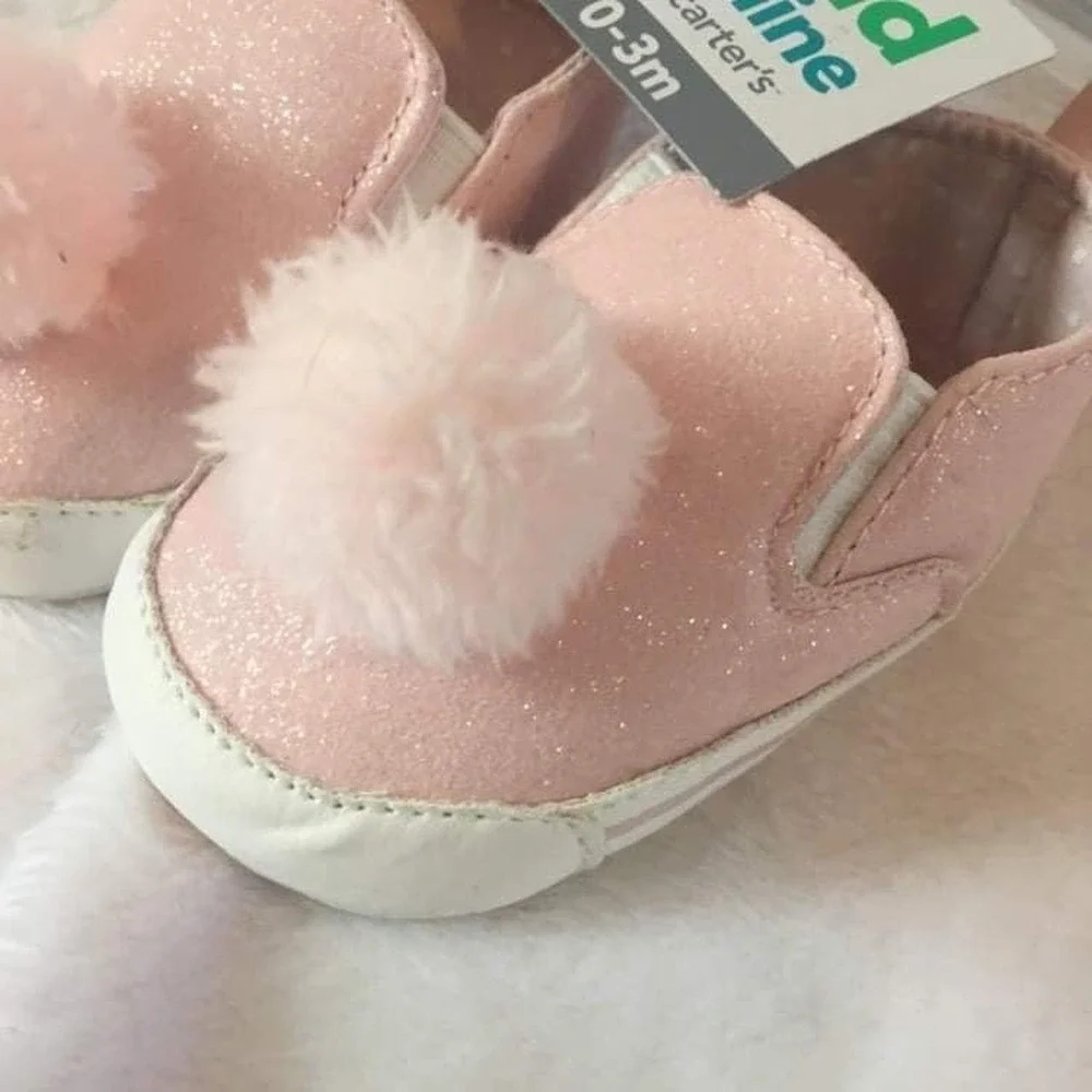 Child of Mine Carter's Slip On Shoes Baby Girl 0-3M Pink NWT Glitter Pom Pom